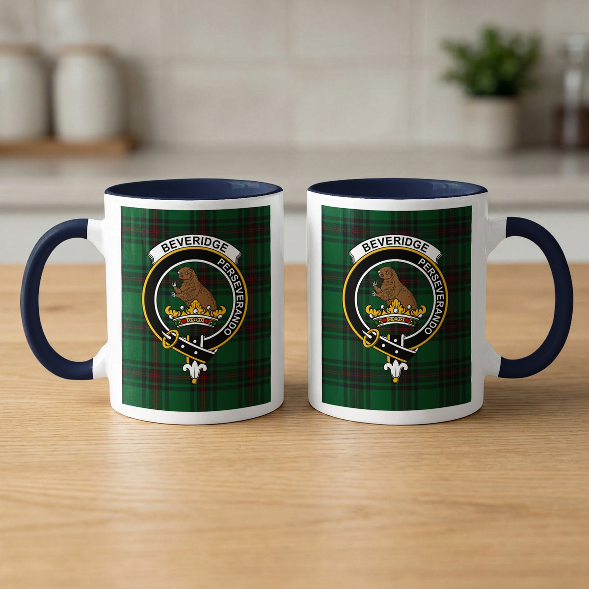 Pair of Beveridge Scottish family crest 11 oz mugs with navy accents and a tartan background