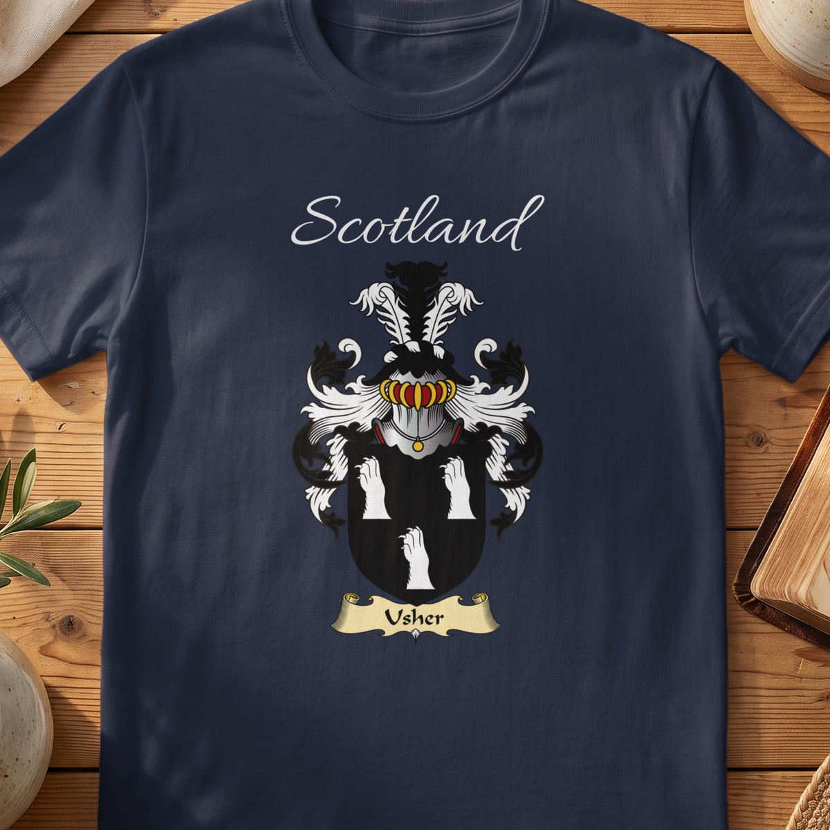 Navy Usher heritage T-shirt laid flat with “Scotland” and the colourful family shield design.
