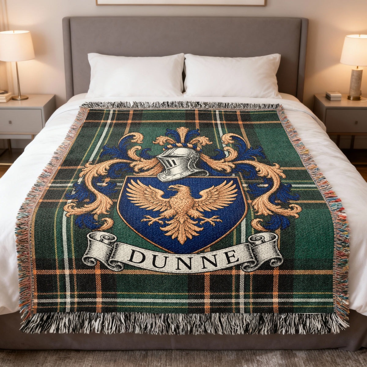 Dunne Irish National Tartan heirloom woven blanket with family crest, full product view