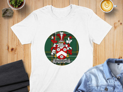 Woodroffe Family Crest on Irish Tartan Background T-Shirt - Living Stone Gifts