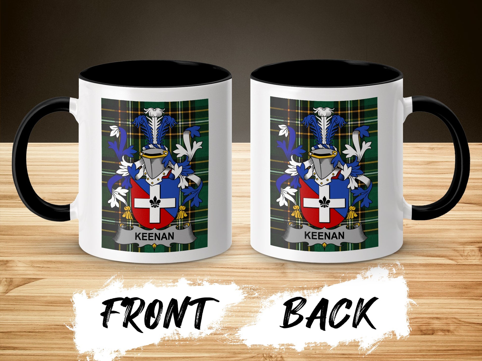 Two mugs with the Keenan coat of arms on a wooden surface.