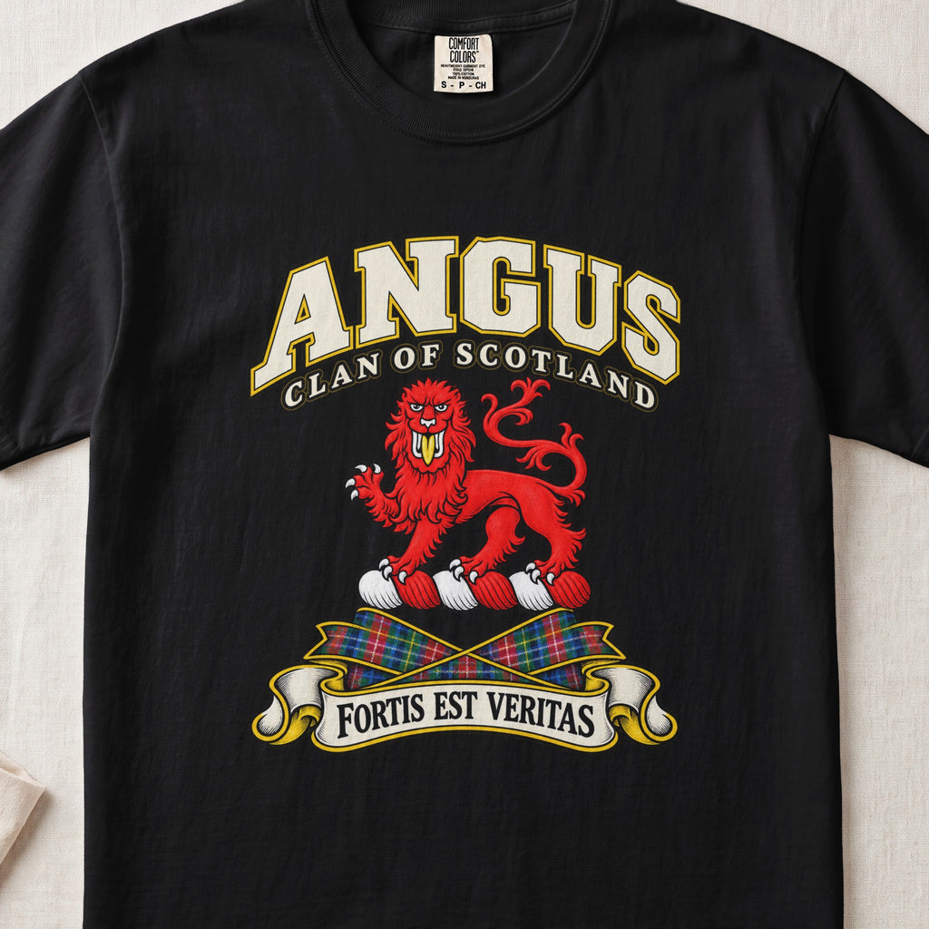 Angus Scottish clan T-shirt in Black, front view with a red lion and motto banner.
