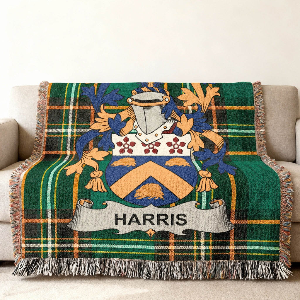 Woven tartan blanket featuring the Harris family crest.