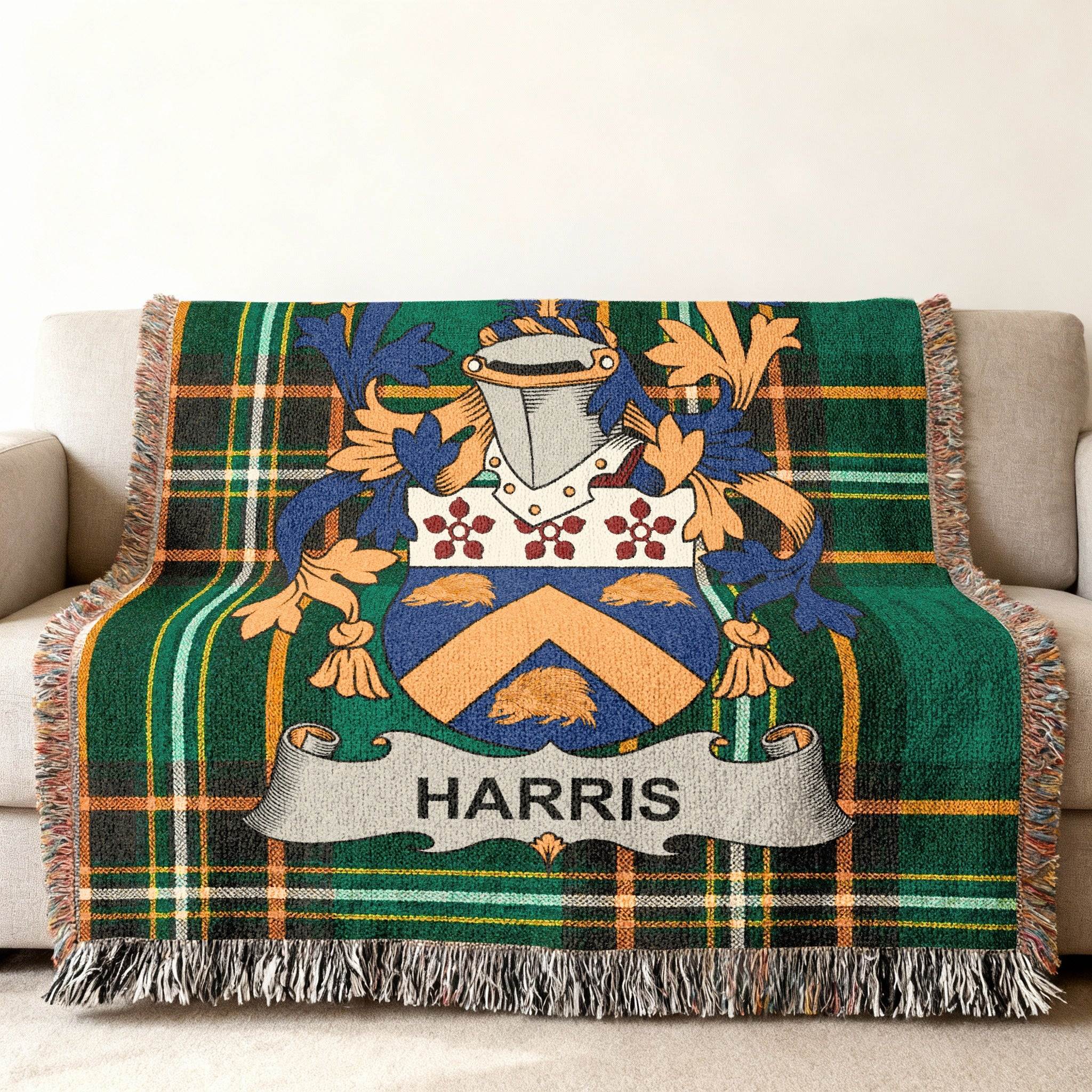 Woven tartan blanket featuring the Harris family crest.