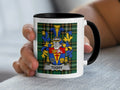 White mug with black rim featuring the Tuohy family crest on a plaid background.