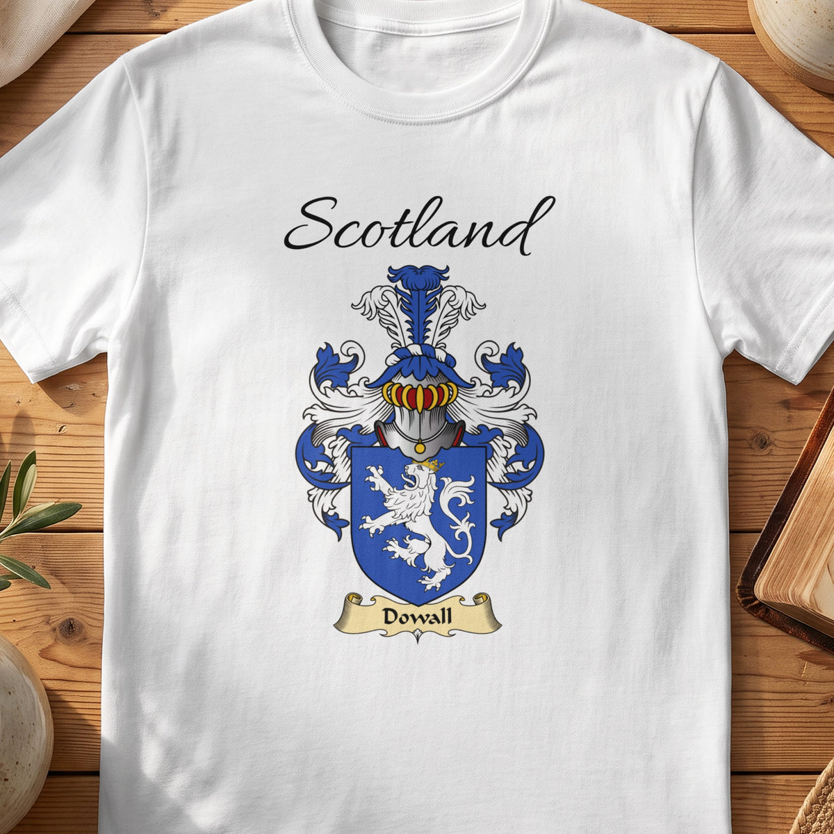 White Dowall Scottish family shield T-shirt featuring a white lion on a blue shield