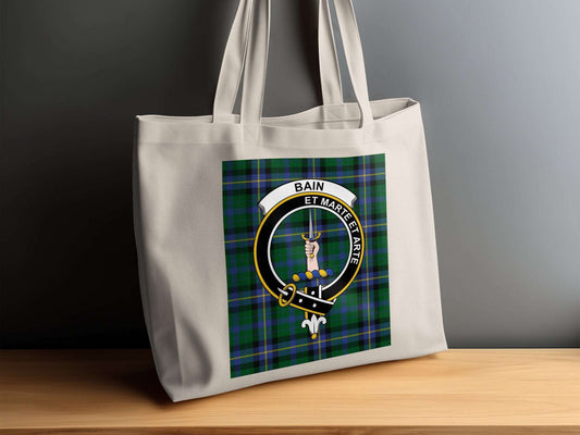 Bain Clan Scottish Tartan Crest Et Marte Et Arte Tote Bag - Living Stone Gifts