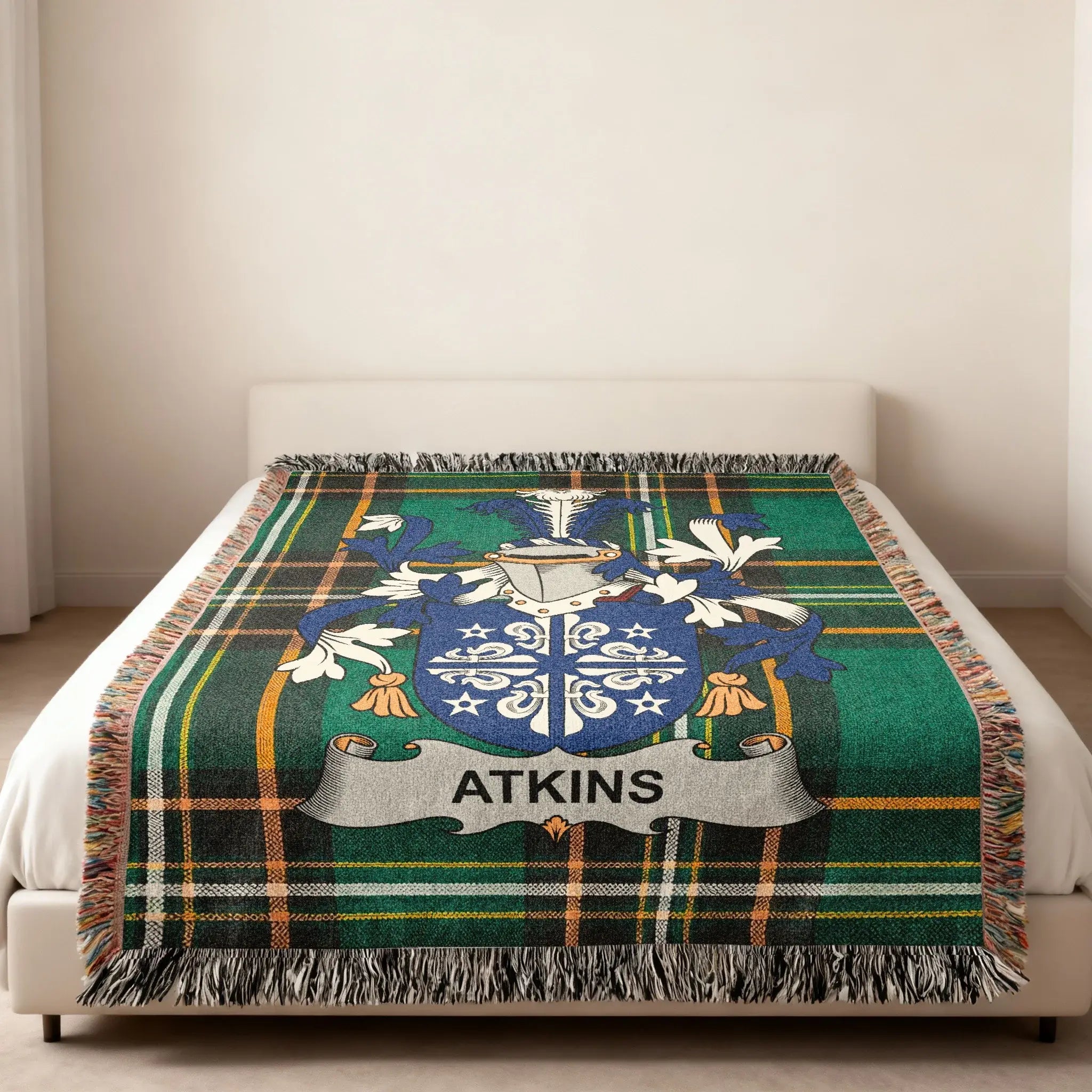 Atkins Family Crest Tartan Green Blue Plaid Throw Blanket product type