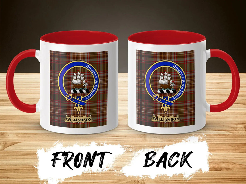 Williamson tartan-background crest mug shown as a Scottish heritage gift