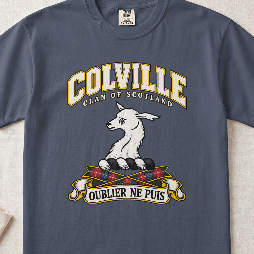 Colville Scottish clan T-shirt in Midnight, front view with a white animal head and motto design.
