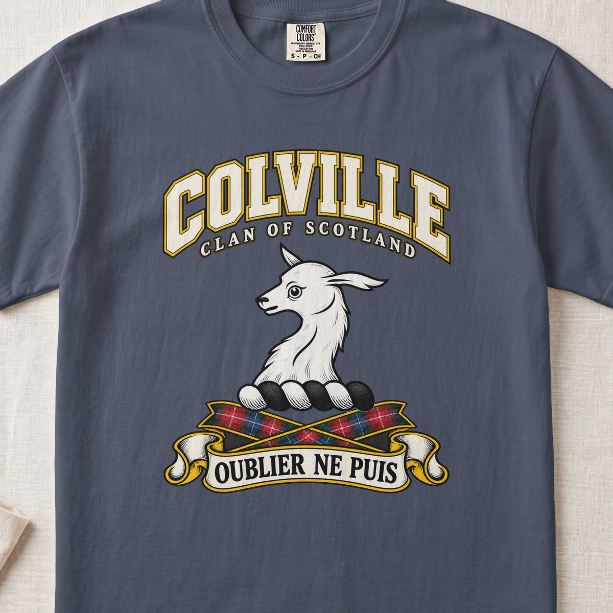 Colville Scottish clan T-shirt in Midnight, front view with a white animal head and motto design.