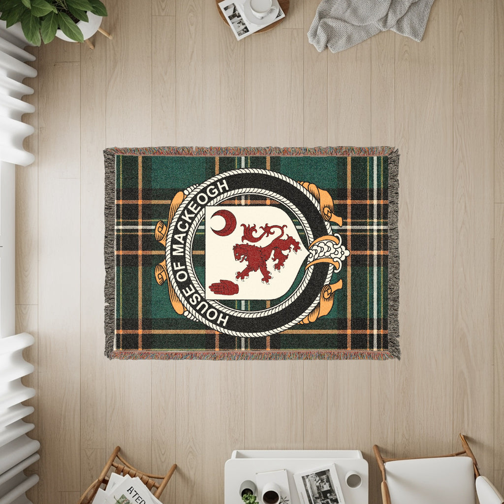 MacKeogh Irish heritage woven throw with family crest emblem