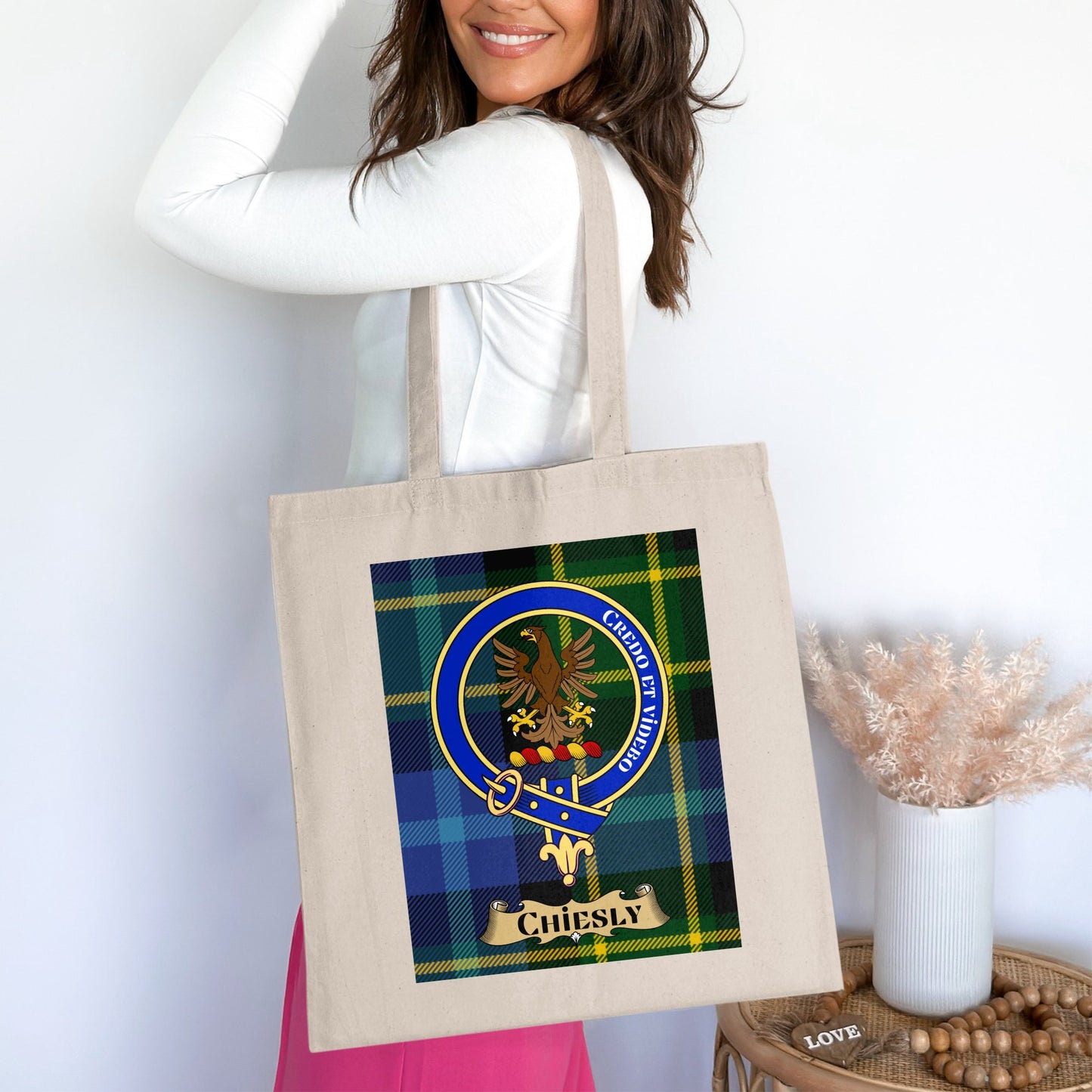 Chiesly Clan Scottish Tartan Crest Tote Bag - Living Stone Gifts