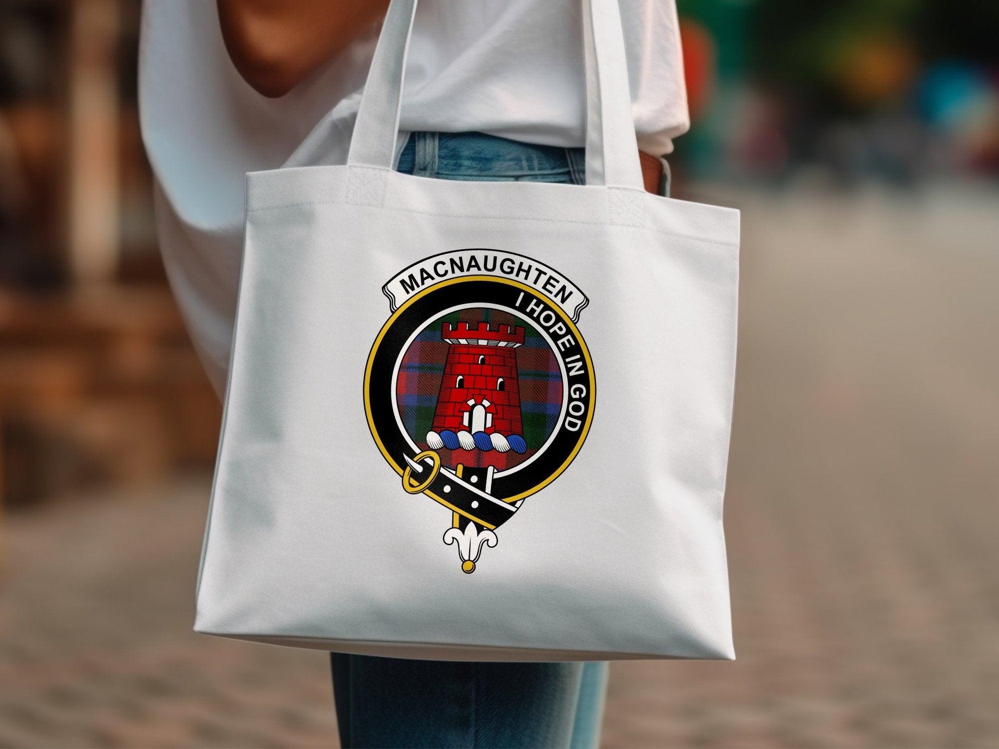 MacNaughten Hope In God Clan Crest Tartan Tote Bags - Celtic Ancestry Gifts