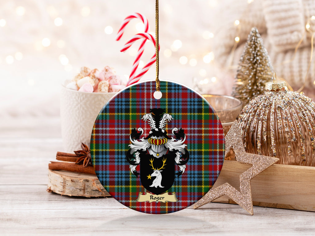 Double-sided Roger ceramic ornament with family shield and Caledonia tartan background