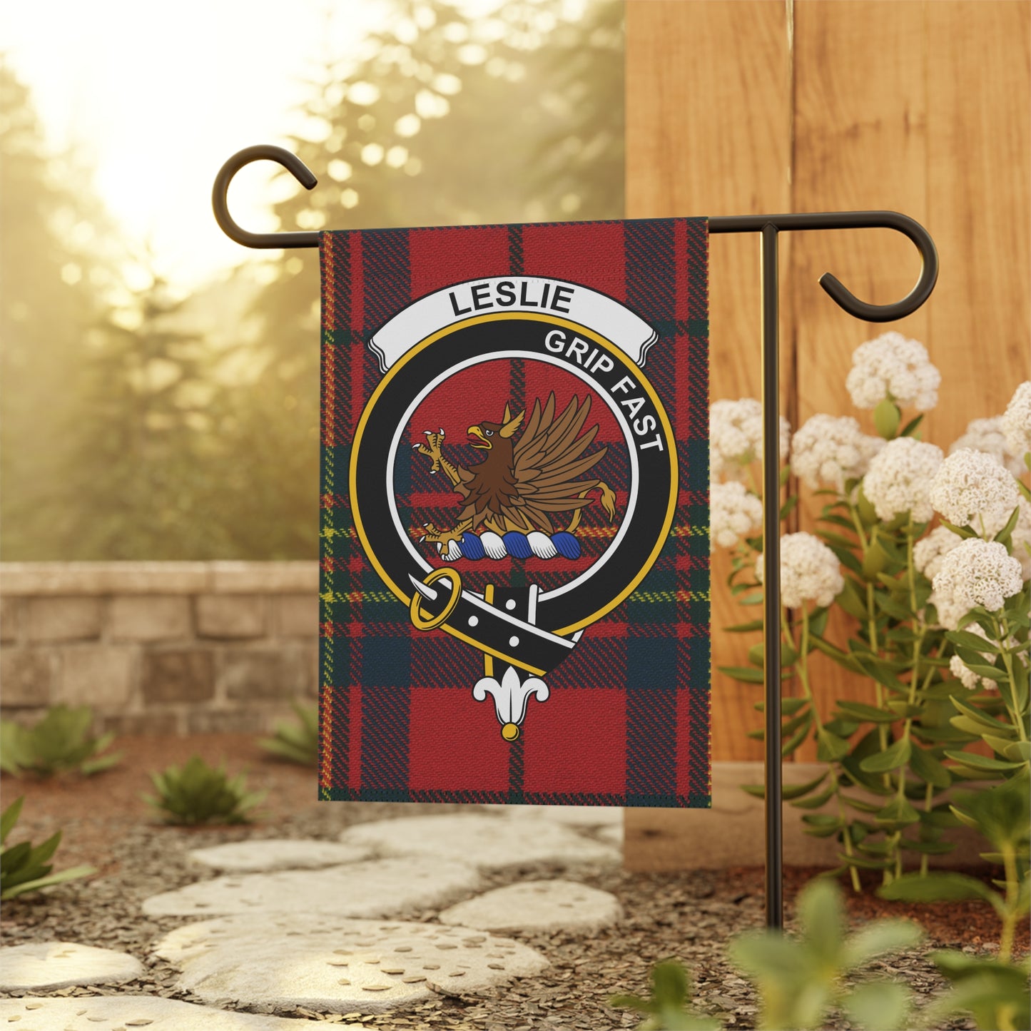 Leslie Clan Scottish Tartan Crest Garden Flag