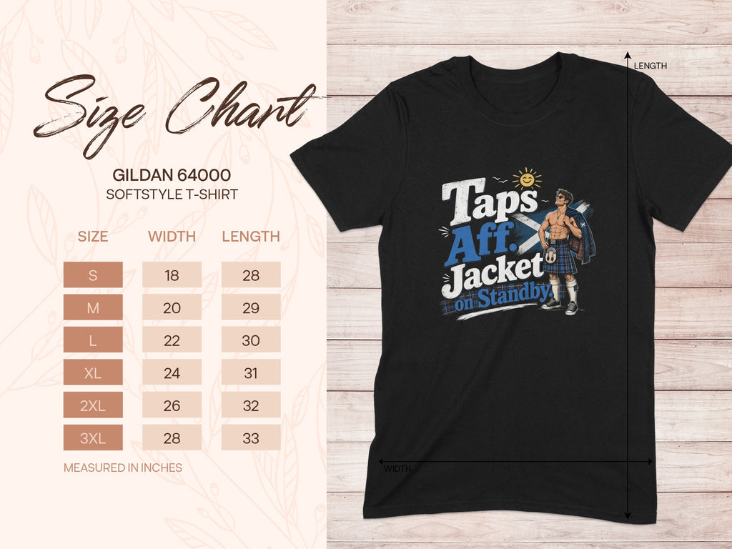 Gildan 64000 Softstyle T-shirt size chart with width and length measurements.