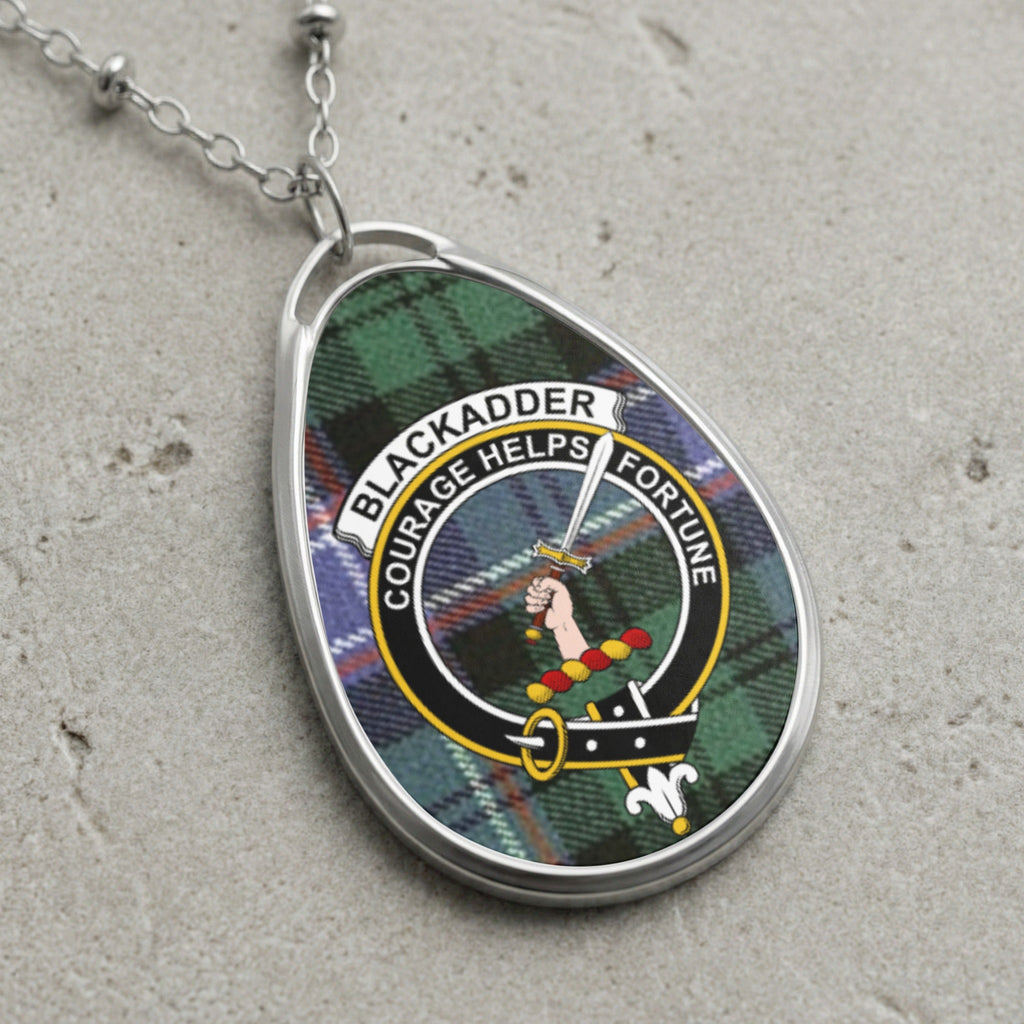 Blackadder clan Scottish tartan necklace with crest design and Courage Helps Fortune motto