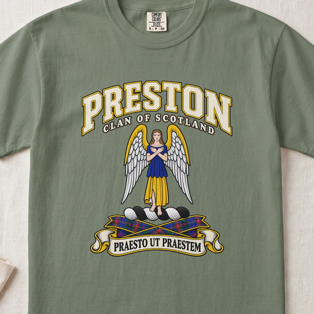 Preston Scottish clan T-shirt in Moss, front view with a winged figure in blue and gold clothing and motto banner.