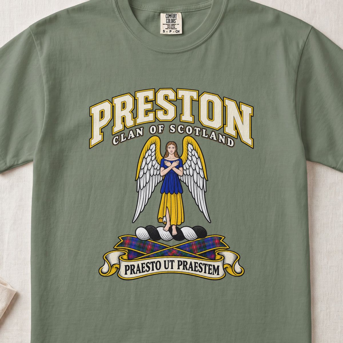 Preston Scottish clan T-shirt in Moss, front view with a winged figure in blue and gold clothing and motto banner.