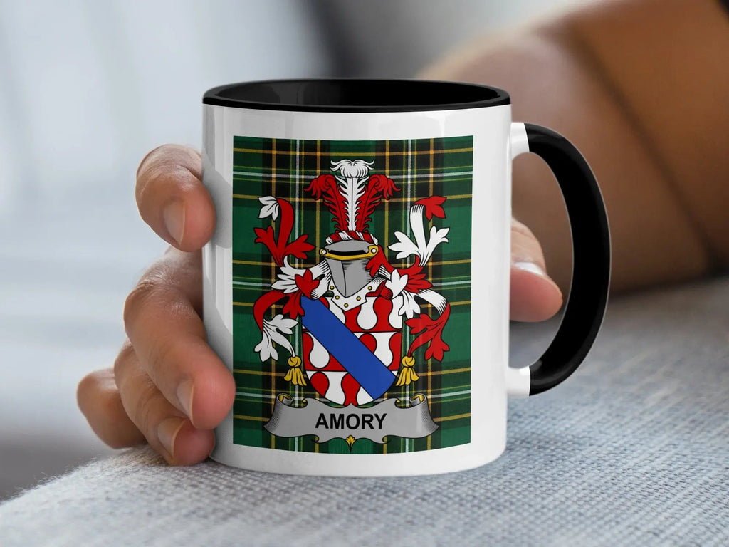 Amory Irish surname accent mug with family crest on Irish National Tartan