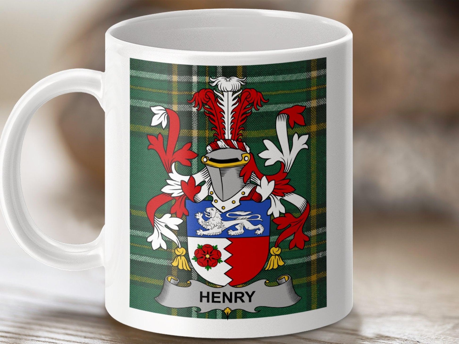 Henry Surname Family Crest Irish Tartan Mug - Celtic Ancestry Gifts