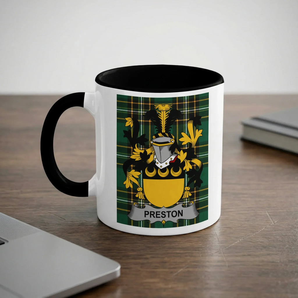 Preston Irish heritage mug with black interior and surname crest