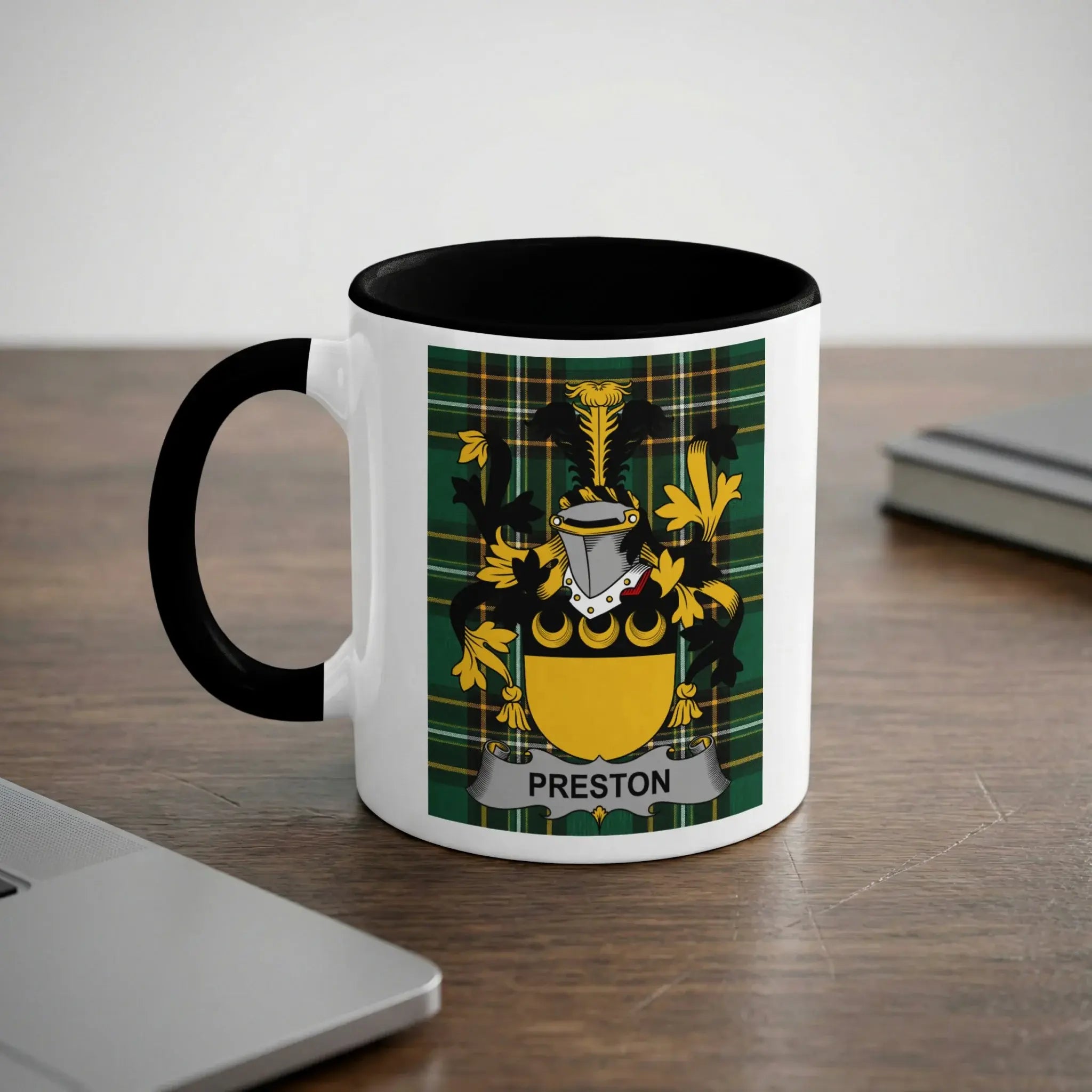 Preston Irish heritage mug with black interior and surname crest