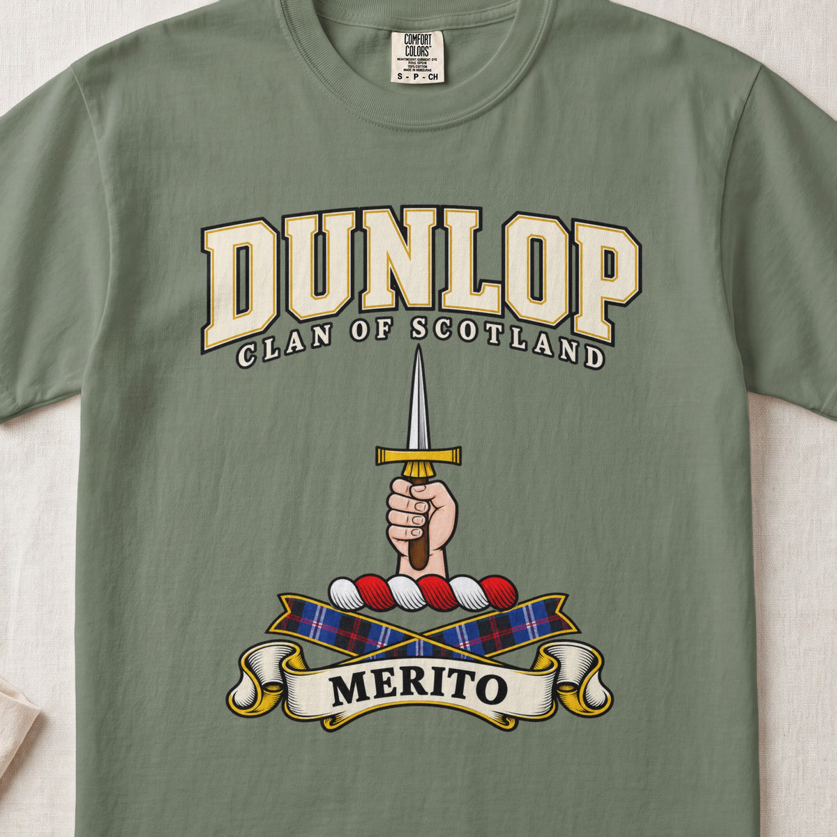 Dunlop Scottish clan graphic T-shirt in Moss, front view