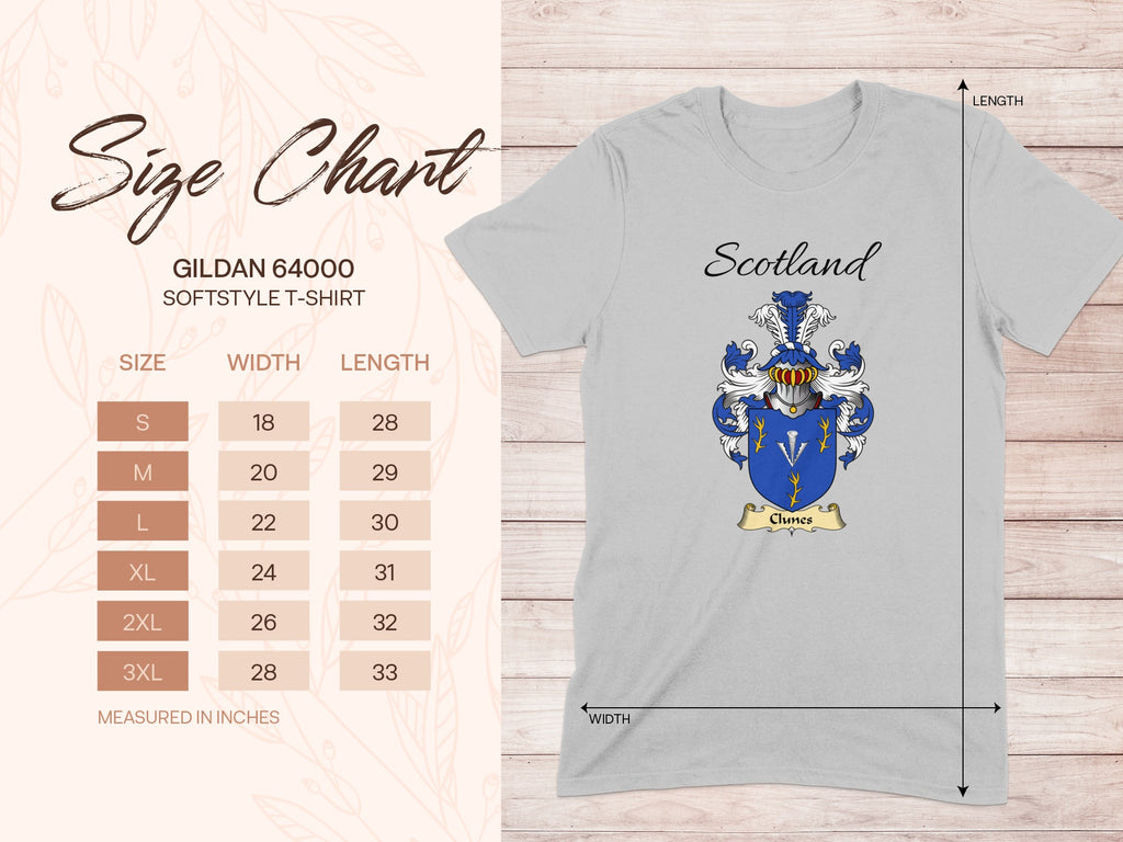 Gildan 64000 size chart for the Clunes unisex T-shirt, sizes S to 3XL