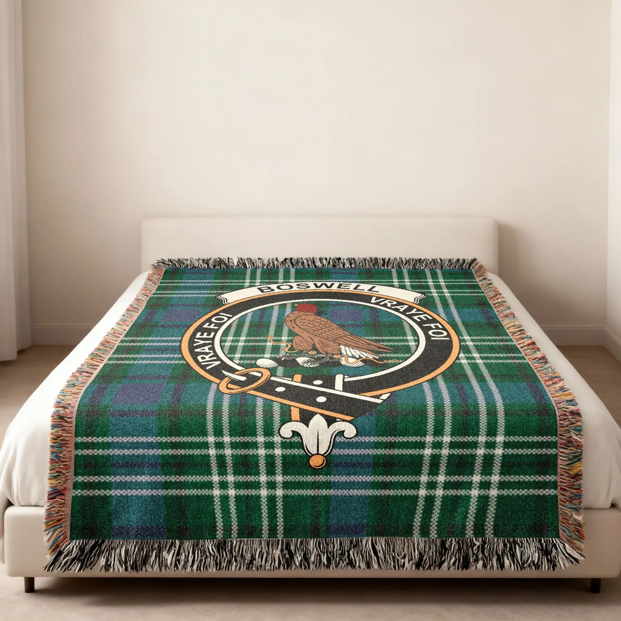 Clan Boswell vraye foi plaid crest woven blanket — heirloom quality