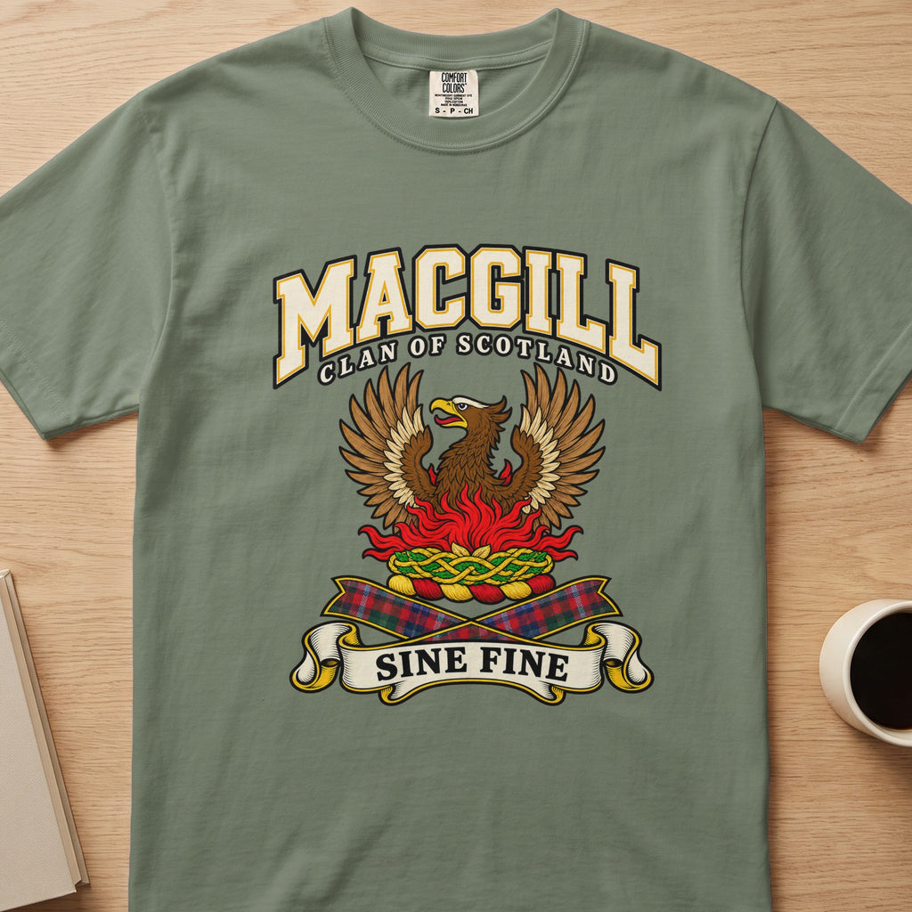 MacGill clan T-shirt in sage green, front view with brown bird with raised wings above red flames