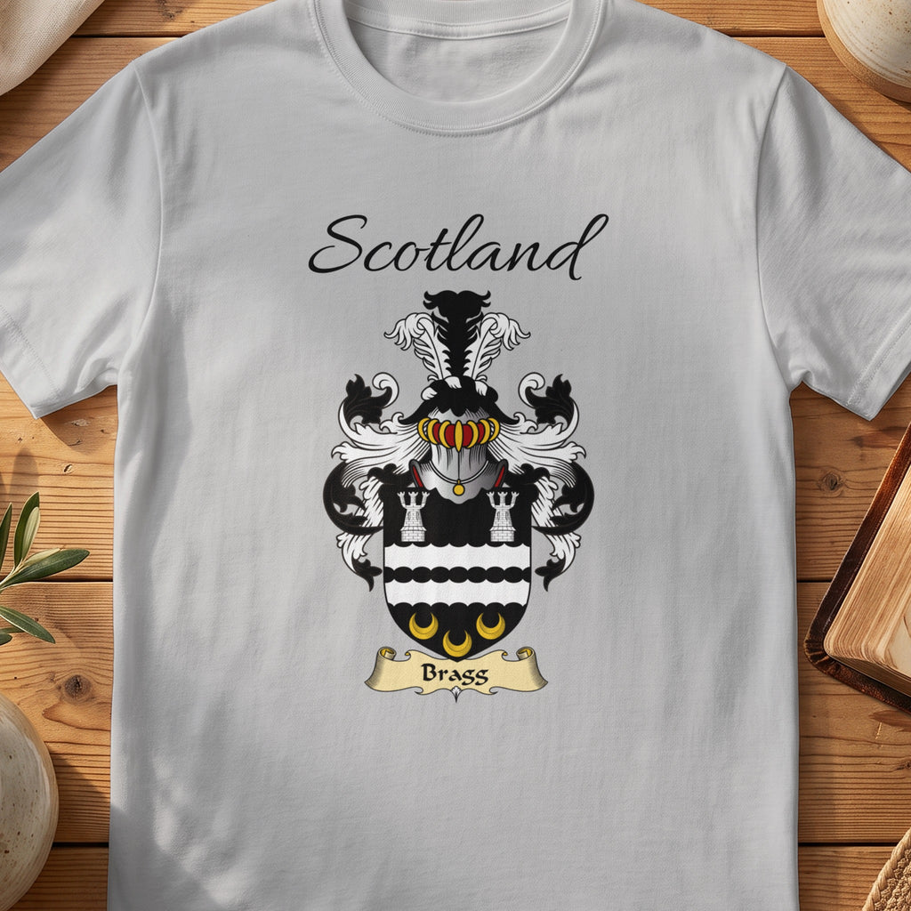 Sport Grey Bragg Scottish family shield T-shirt featuring white towers and gold crescents on black