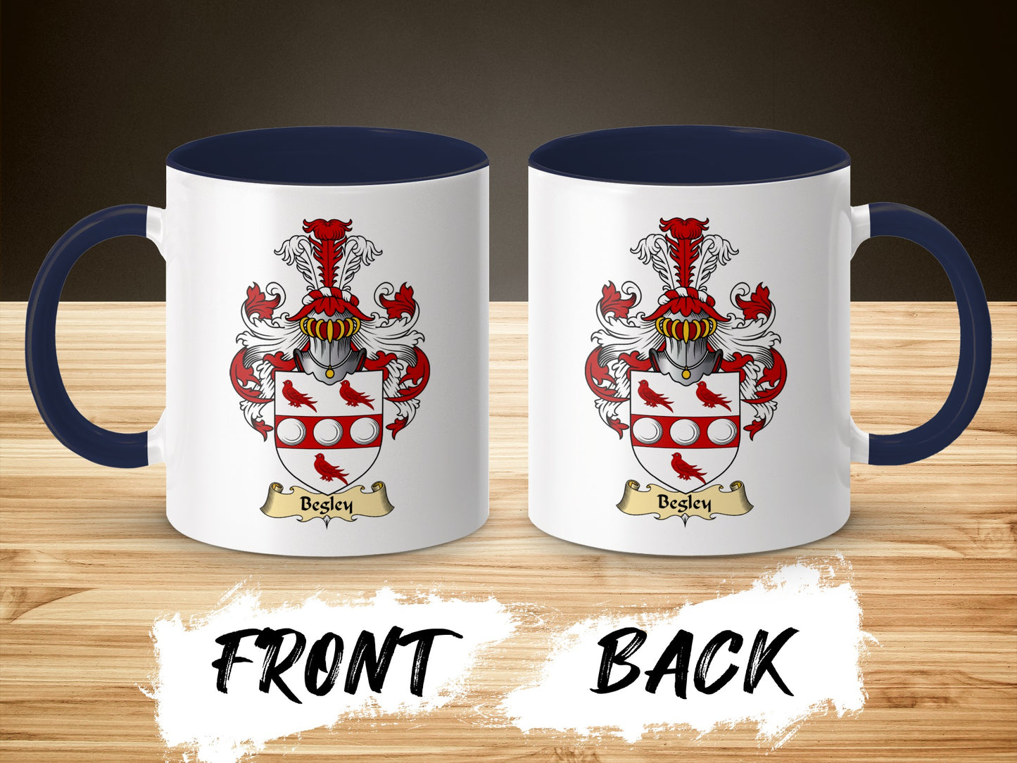 White ceramic mug with navy handle, featuring the Besley family crest on front and back.