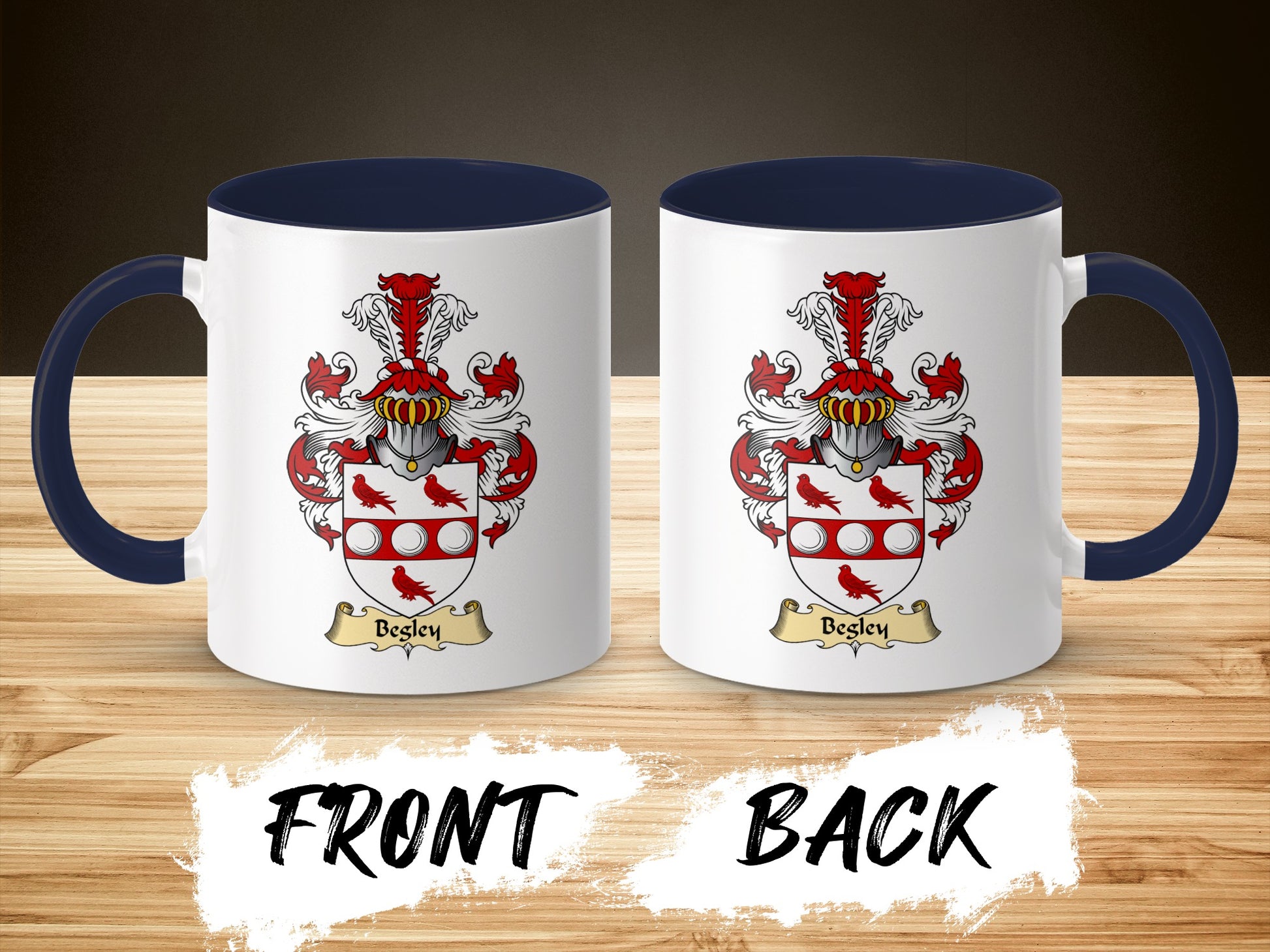White ceramic mug with navy handle, featuring the Besley family crest on front and back.