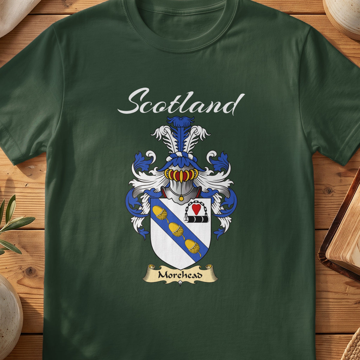Forest Green Morehead Scottish T-shirt featuring a blue diagonal band with gold motifs