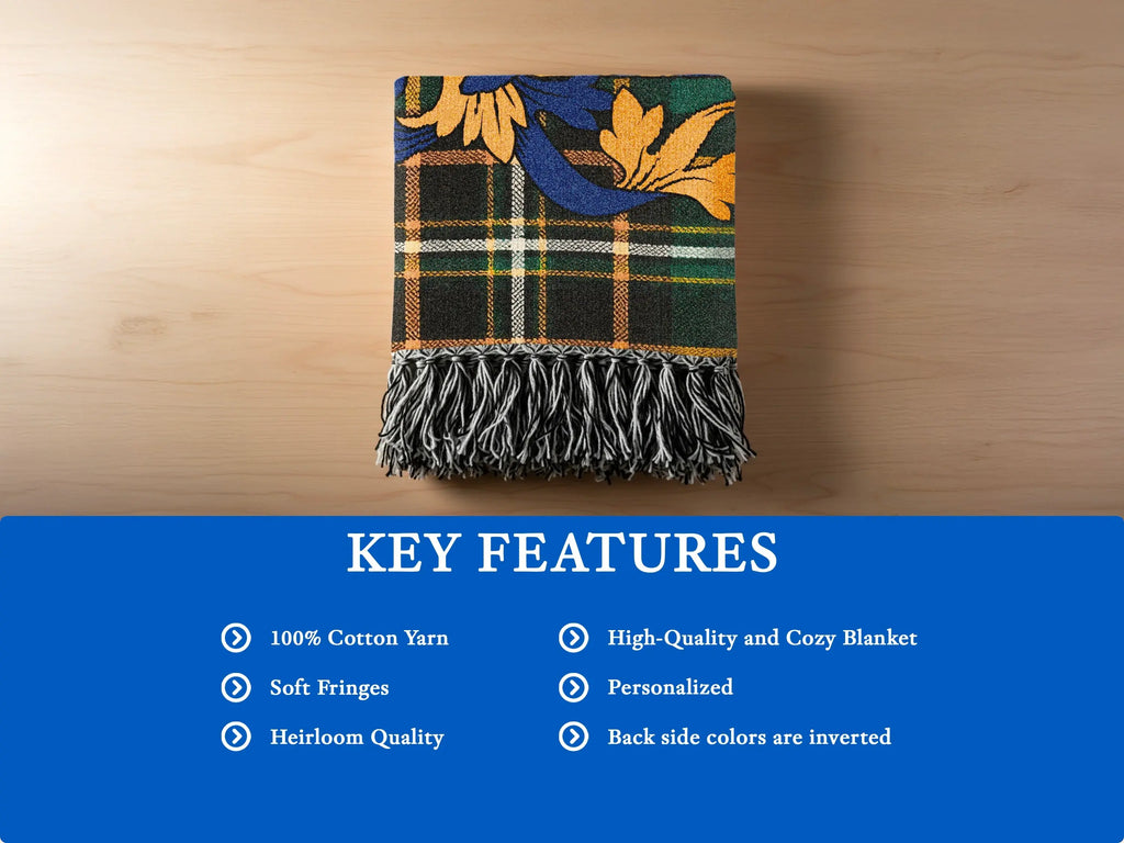 Tartan plaid throw blanket with fringe on wooden surface and key features list.