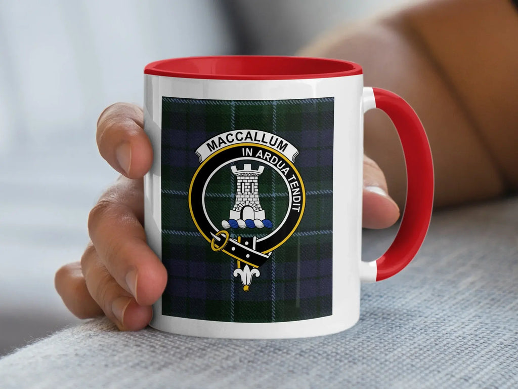 MacCallum clan crest tartan mug — 15 oz version with black handle shown from side