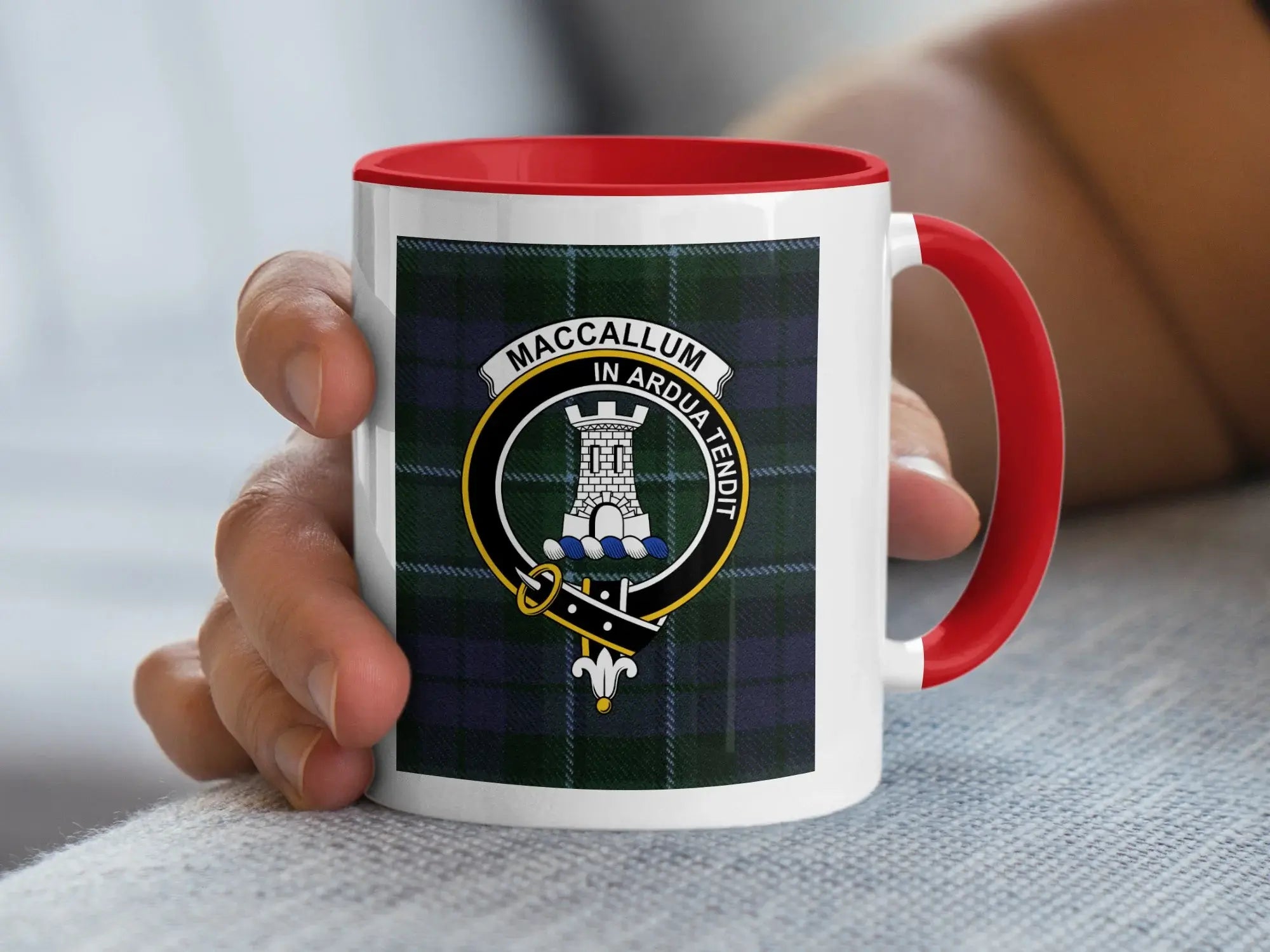 MacCallum clan crest tartan mug — 15 oz version with black handle shown from side