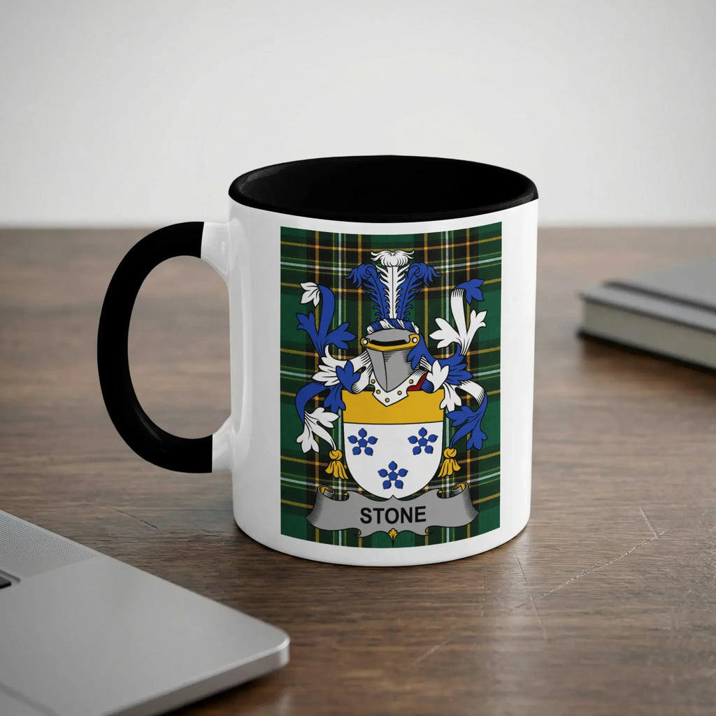 Stone Irish heritage mug with black interior and surname crest