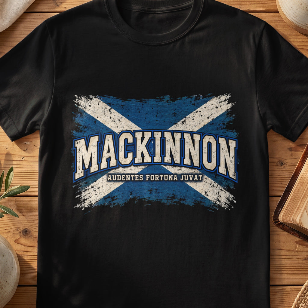 MacKinnon Scottish Saltire T-shirt in Black, with distressed blue and cream flag and “Audentes Fortuna Juvat” lettering.