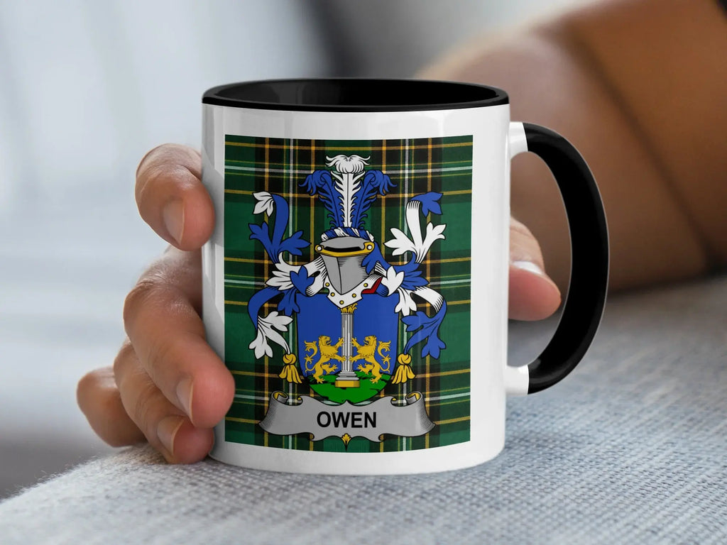 Owen Irish family crest black accent mug with Irish National Tartan