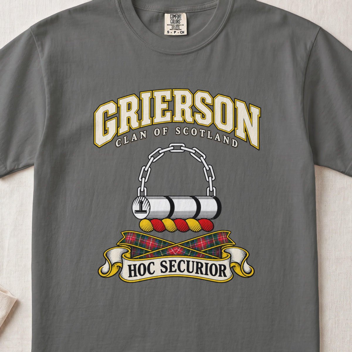 Grierson Scottish clan T-shirt in Pepper, front view with a chained silver log and motto design.