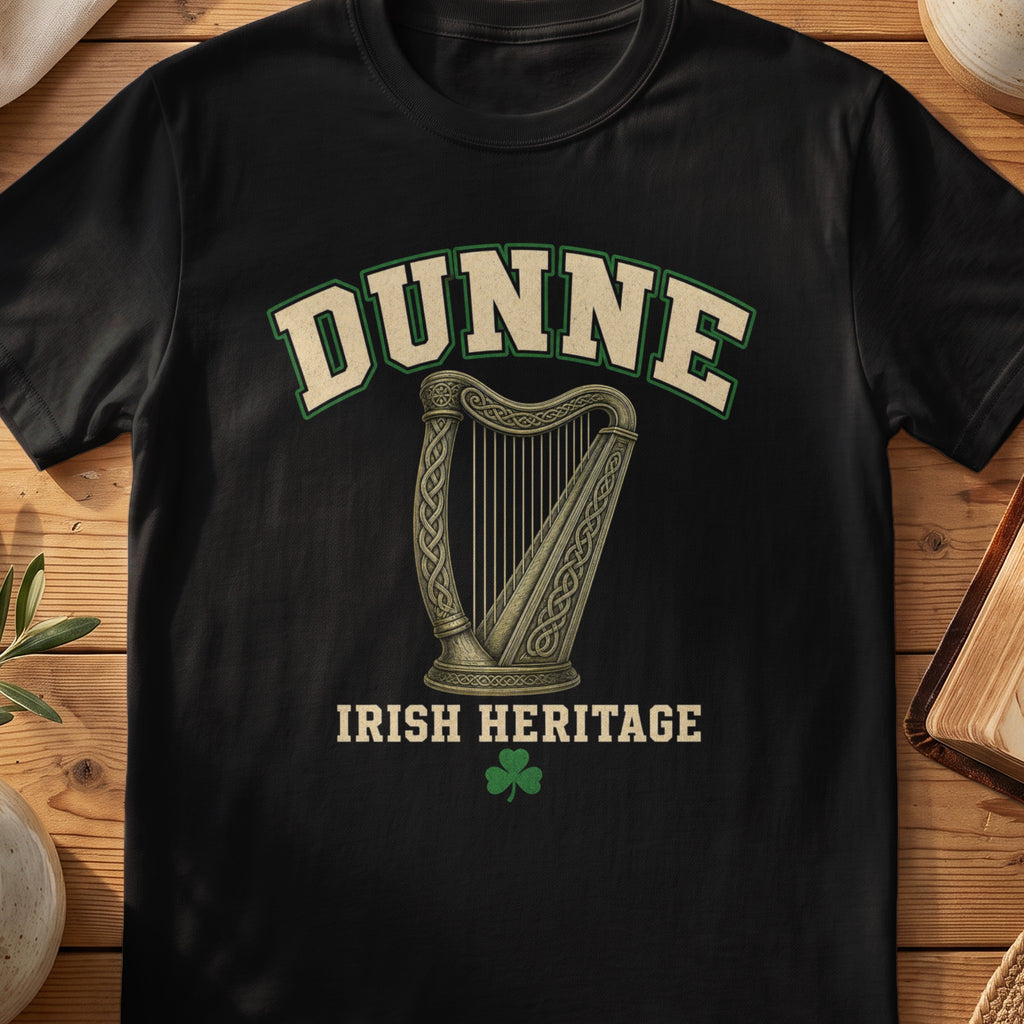 Dunne Irish harp T-shirt in Black, with cream surname lettering, a gold-toned harp, green shamrock and “Irish Heritage” text.