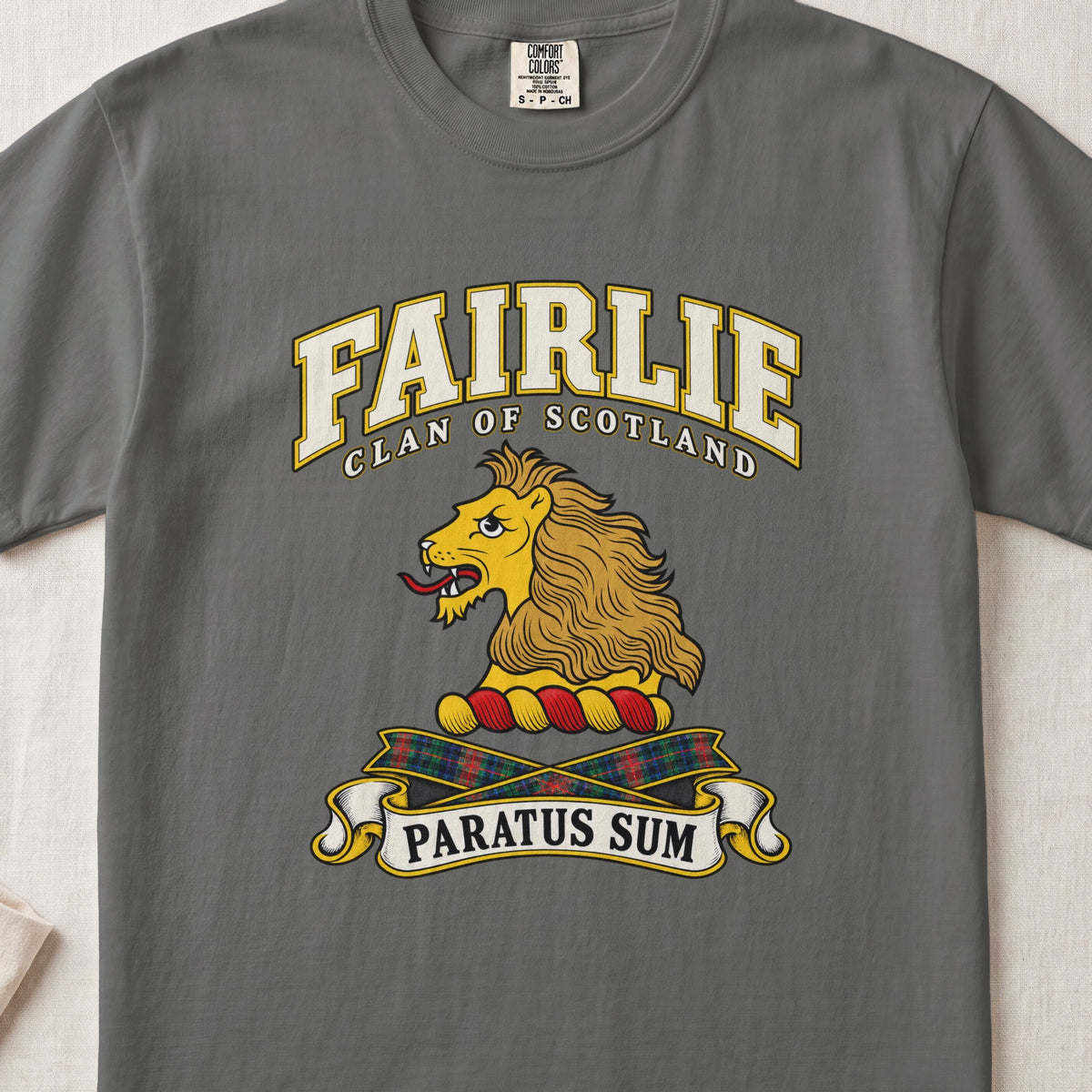 Fairlie Scottish clan T-shirt in Pepper, front view with a gold lion head and motto design.