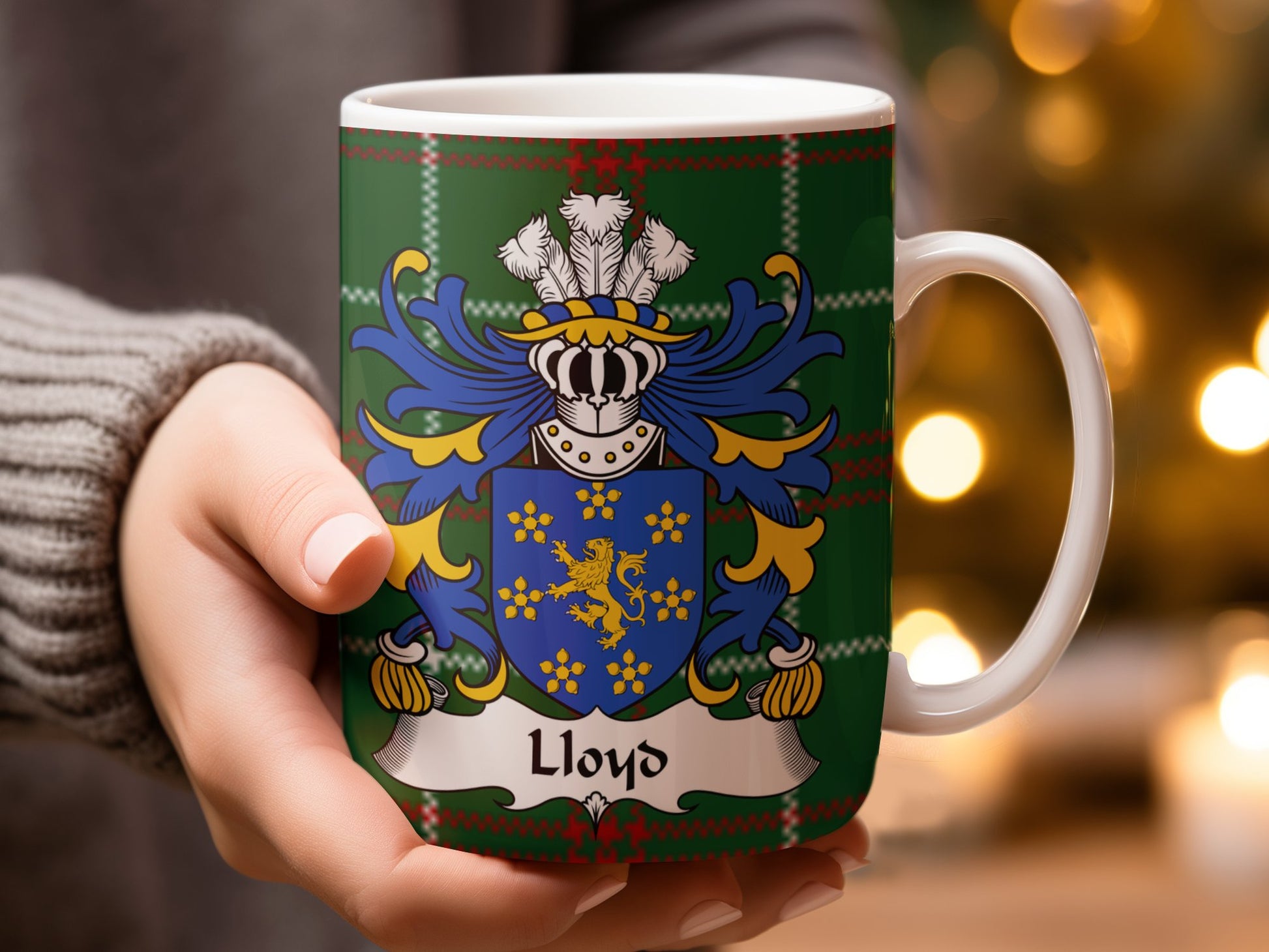 Lloyd Family Coat of Arms on Welsh Tartan Background Mug - Living Stone Gifts