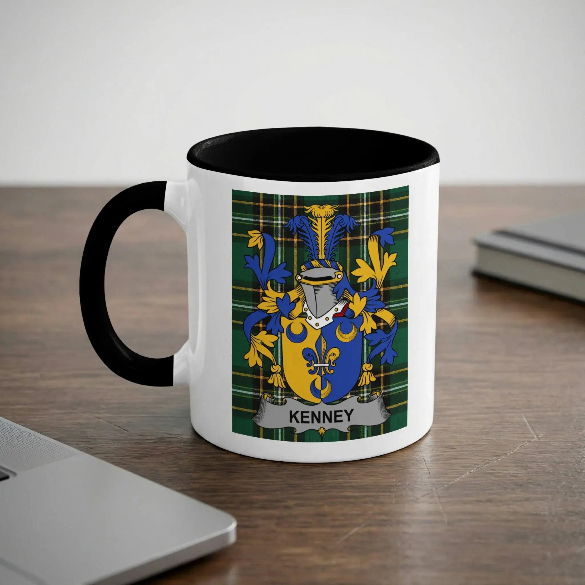 Kenney Irish heritage mug with black handle and family crest