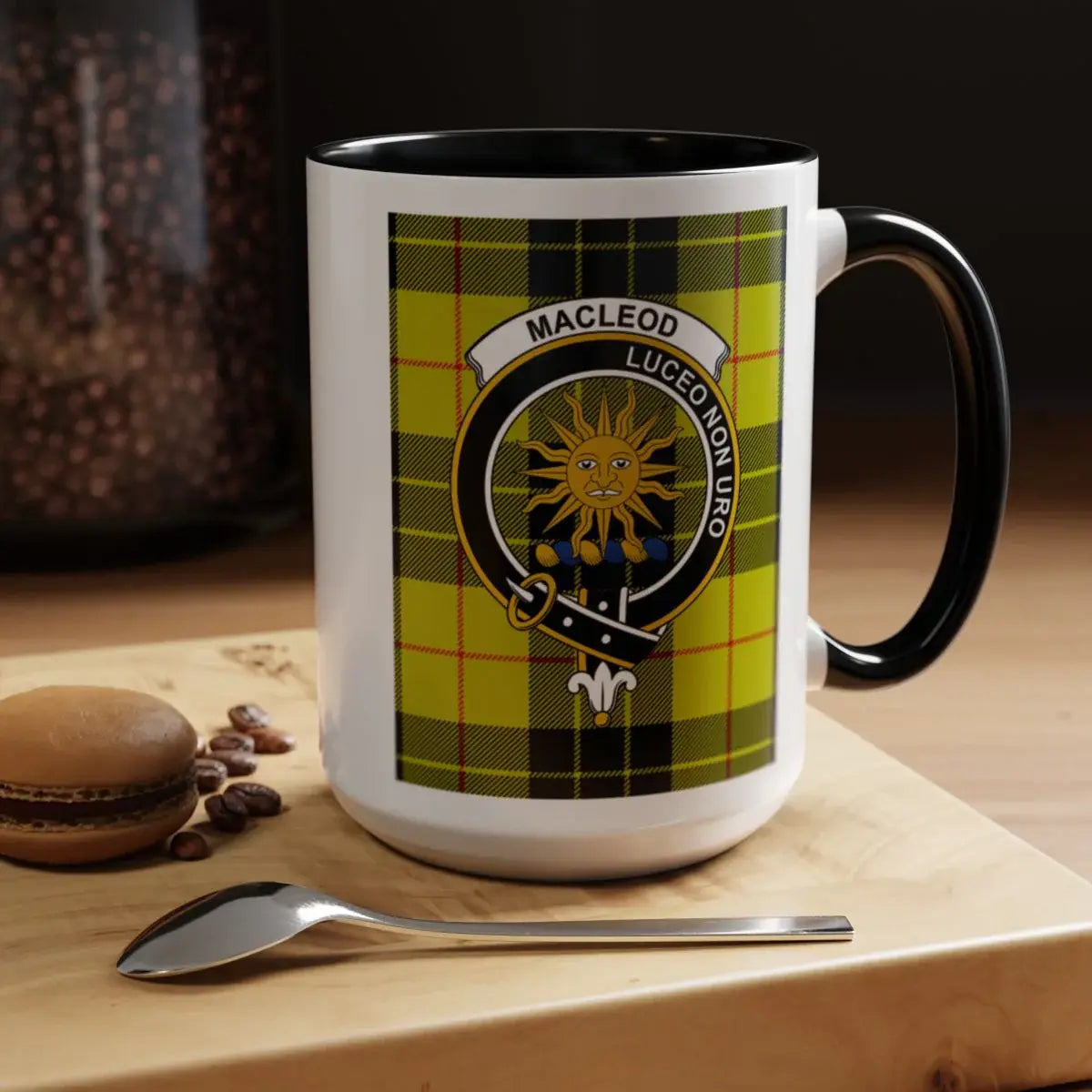 MacLeod of Lewis clan crest plaid design ceramic coffee mug — Luceo Non Uro heraldic design