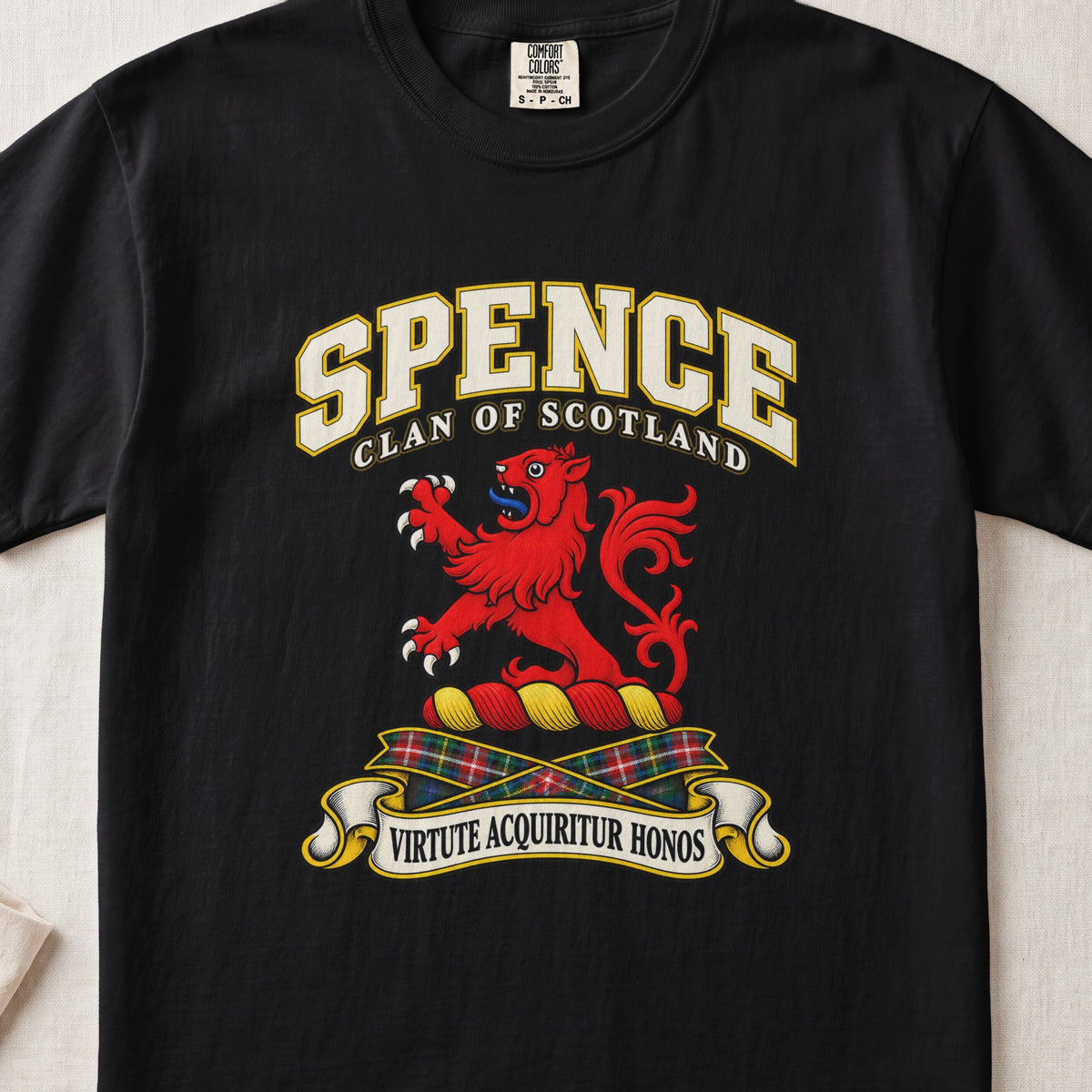 Spence Scottish clan T-shirt in Black, front view with a red lion with raised forelegs and motto banner.
