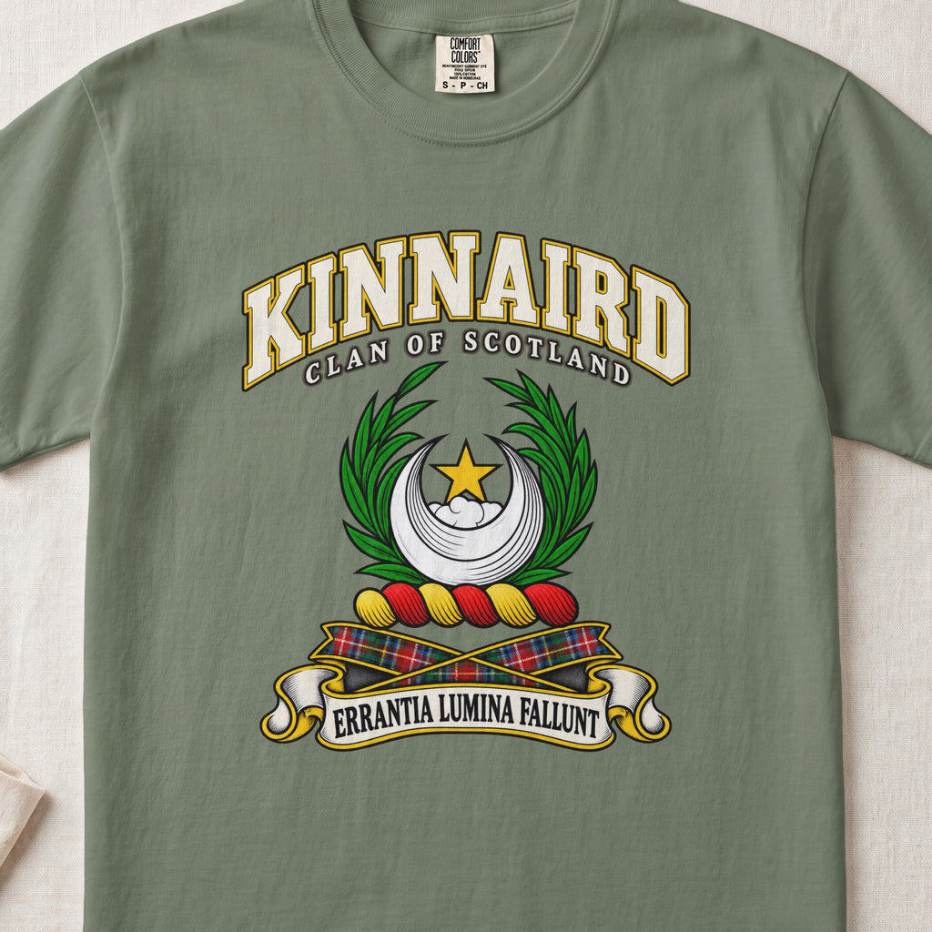 Kinnaird Scottish clan T-shirt in Moss, front view with a silver crescent, gold star and green leafy branches and motto design.